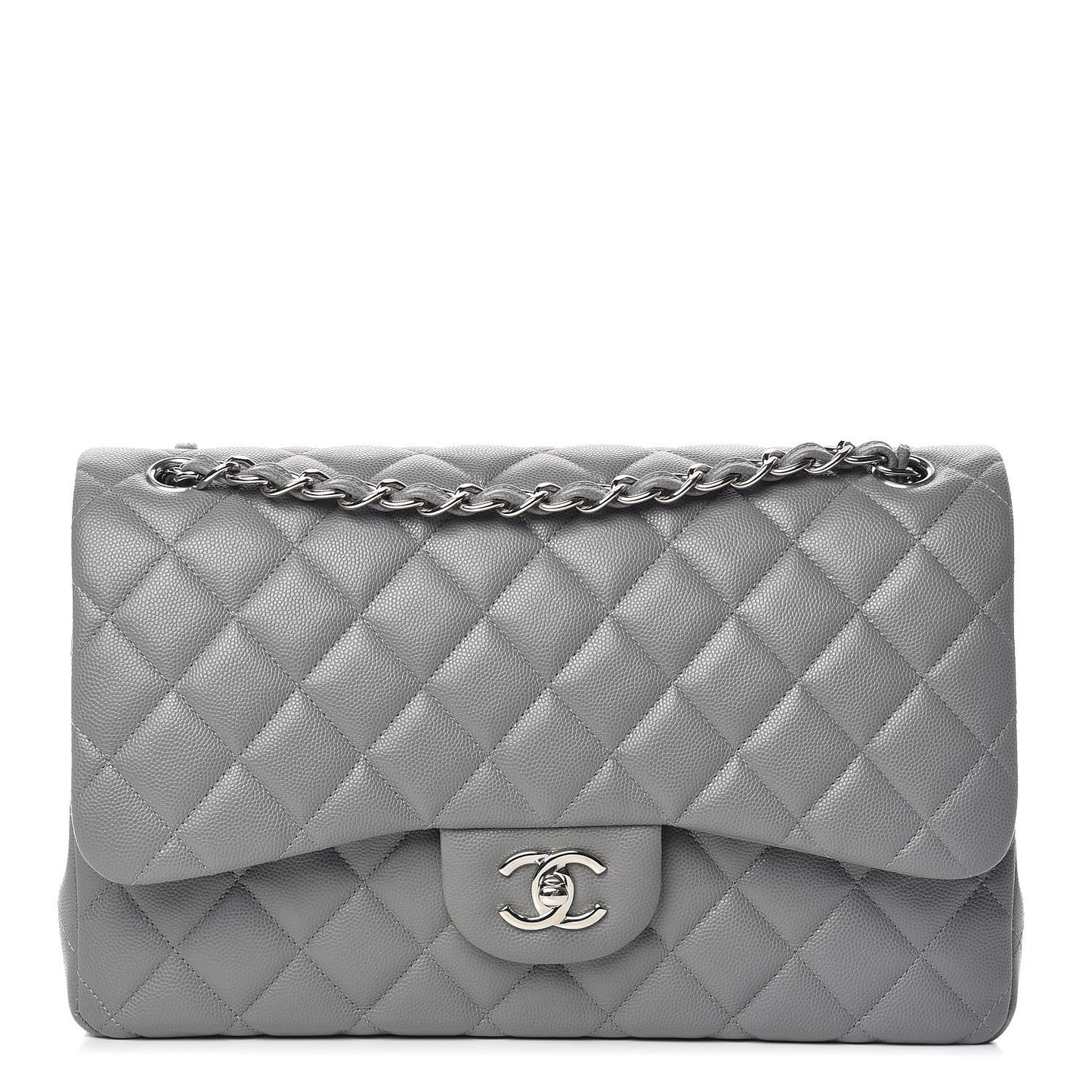 Caviar Quilted Jumbo Double Flap Grey