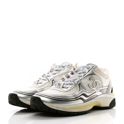 Chanel Fabric Laminated Calfskin Stretch CC Sneakers 38 White Silver 3 of 11