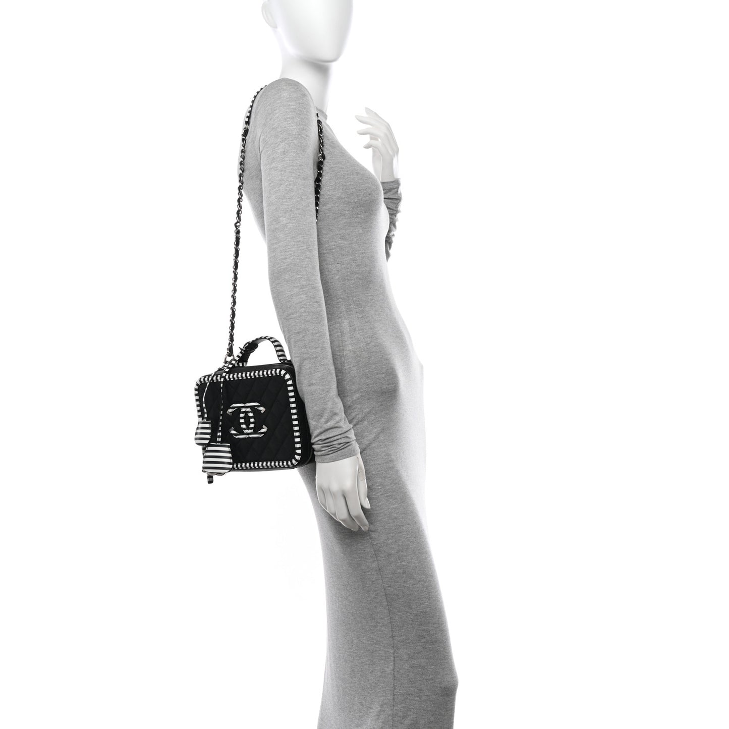 Caviar Quilted Striped Medium CC Filigree Vanity Case Black White