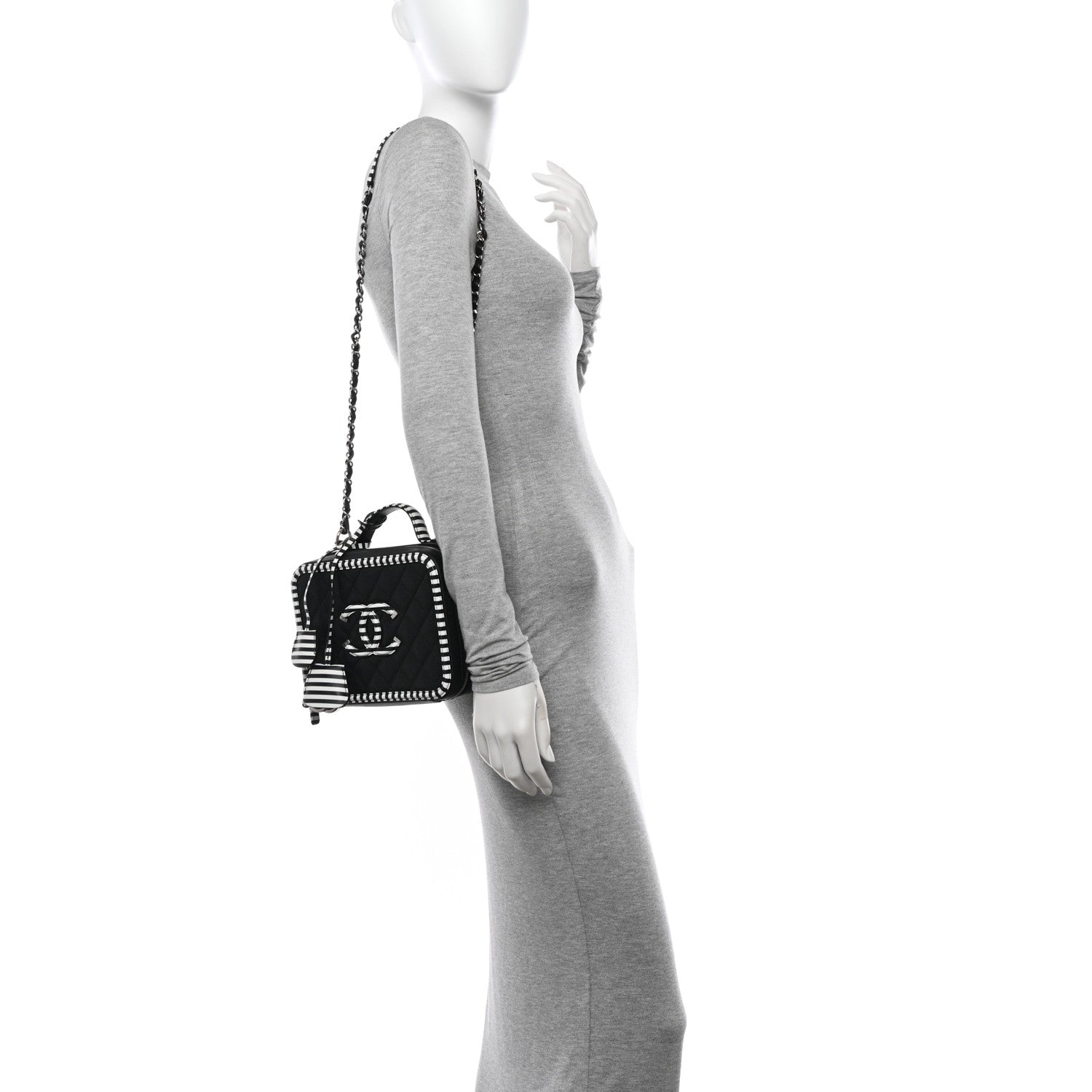 Chanel Caviar Quilted Striped Medium CC Filigree Vanity Case Black White 2 of 10