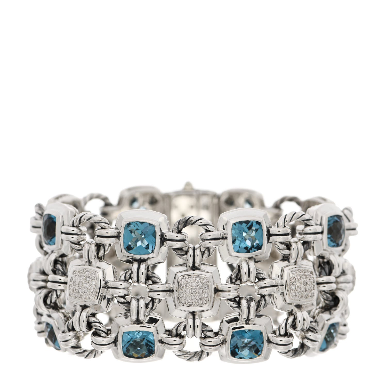 David Yurman Sterling Silver Diamond Hampton Blue Topaz Renaissance 3 Row Bracelet 1 of 4
