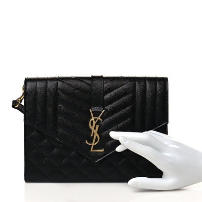 Saint Laurent Grain De Poudre Textured Mixed Matelasse Triquilt Monogram Clutch Black 3 of 10