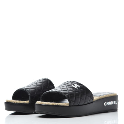 Chanel Lambskin Quilted CC Espadrille Slip On Sandals 41 Black 3 of 13