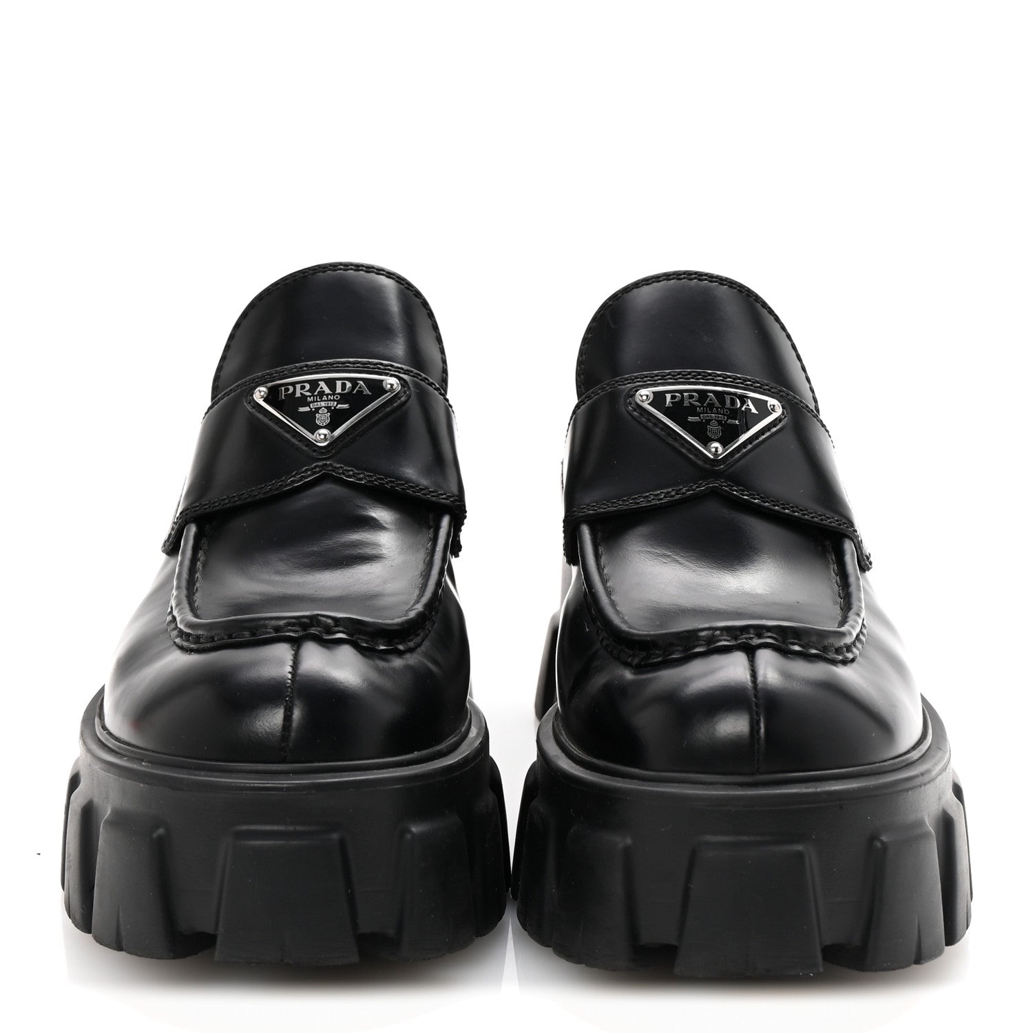 Prada Spazzolato Rois Metal Triangle Logo Monolith 55mm Loafers 38 Black 3 of 9