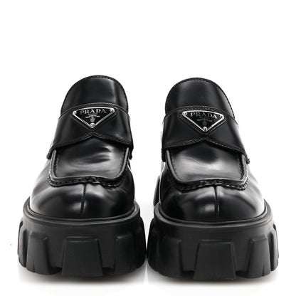 Prada Spazzolato Rois Metal Triangle Logo Monolith 55mm Loafers 38 Black 3 of 9