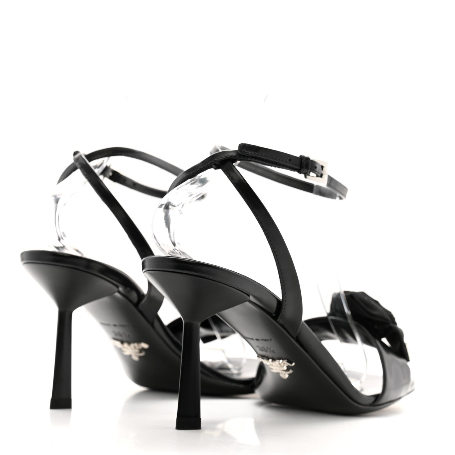 Vernice Nylon Flower Metal Triangle Logo Open Toe 65mm Sandals 38.5 Black