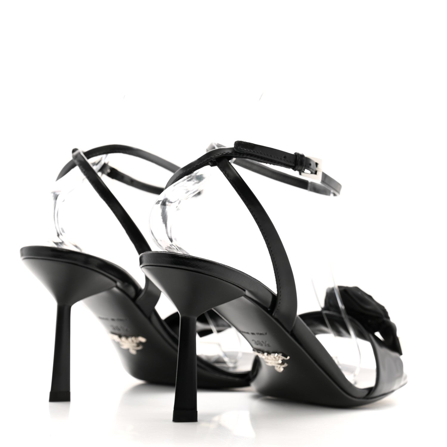 Prada Vernice Nylon Flower Metal Triangle Logo Open Toe 65mm Sandals 38.5 Black 5 of 10