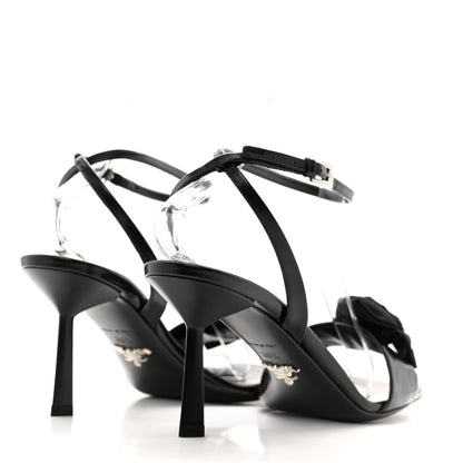 Prada Vernice Nylon Flower Metal Triangle Logo Open Toe 65mm Sandals 38.5 Black 5 of 10