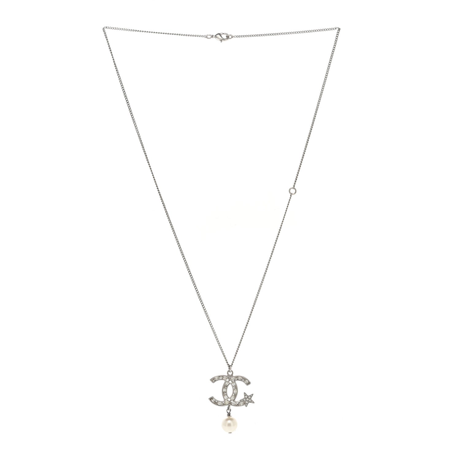Chanel Crystal CC Star Pearl Drop Necklace Silver 3 of 5