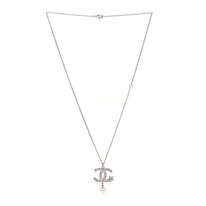 Chanel Crystal CC Star Pearl Drop Necklace Silver 3 of 5
