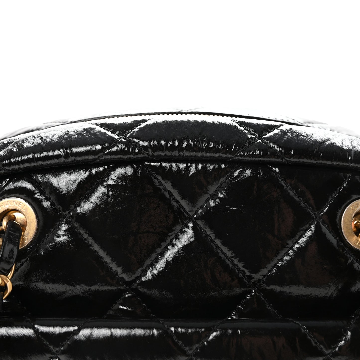 Shiny Crumpled Calfskin Quilted Large Bowling Bag Black