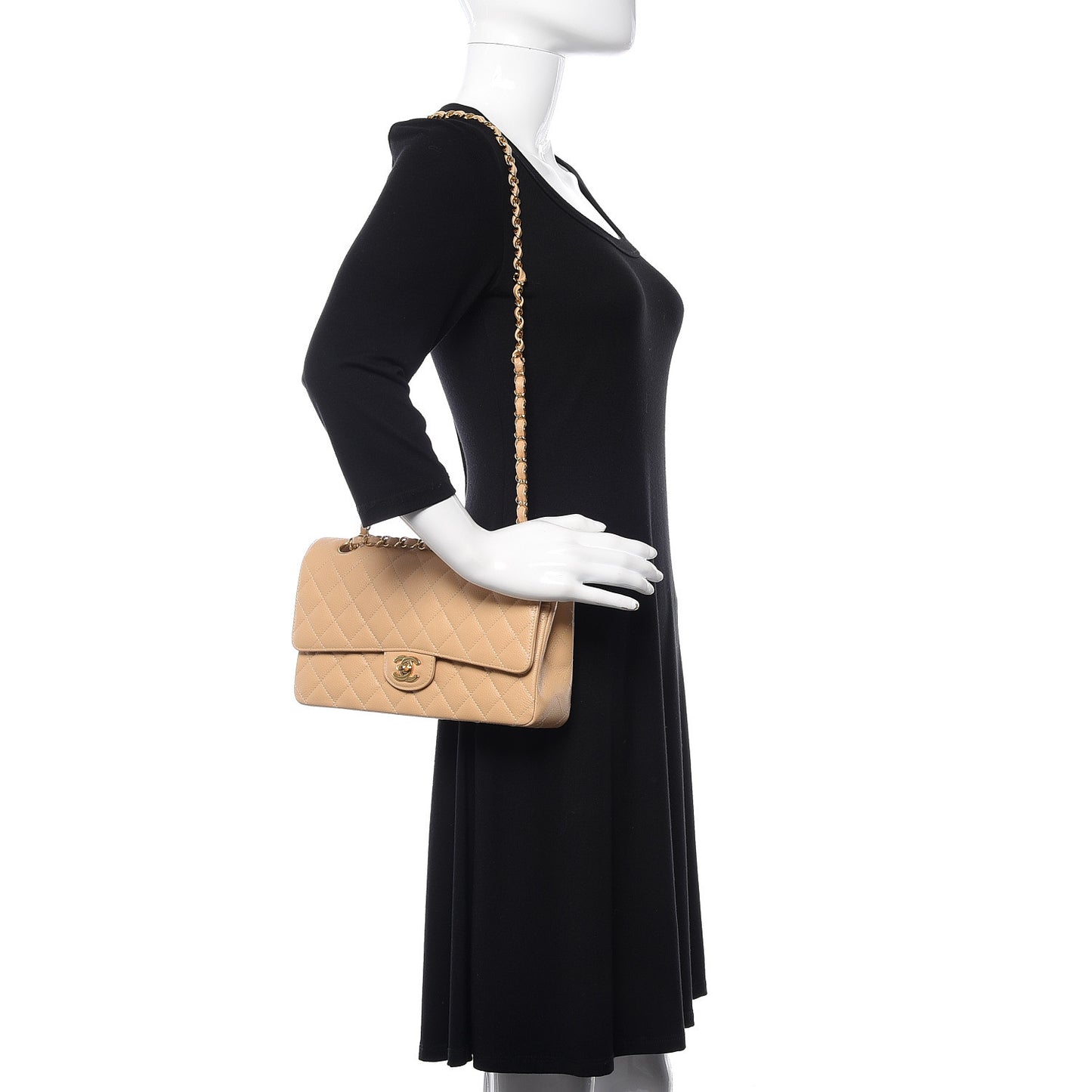 Caviar Quilted Medium Double Flap Beige Clair