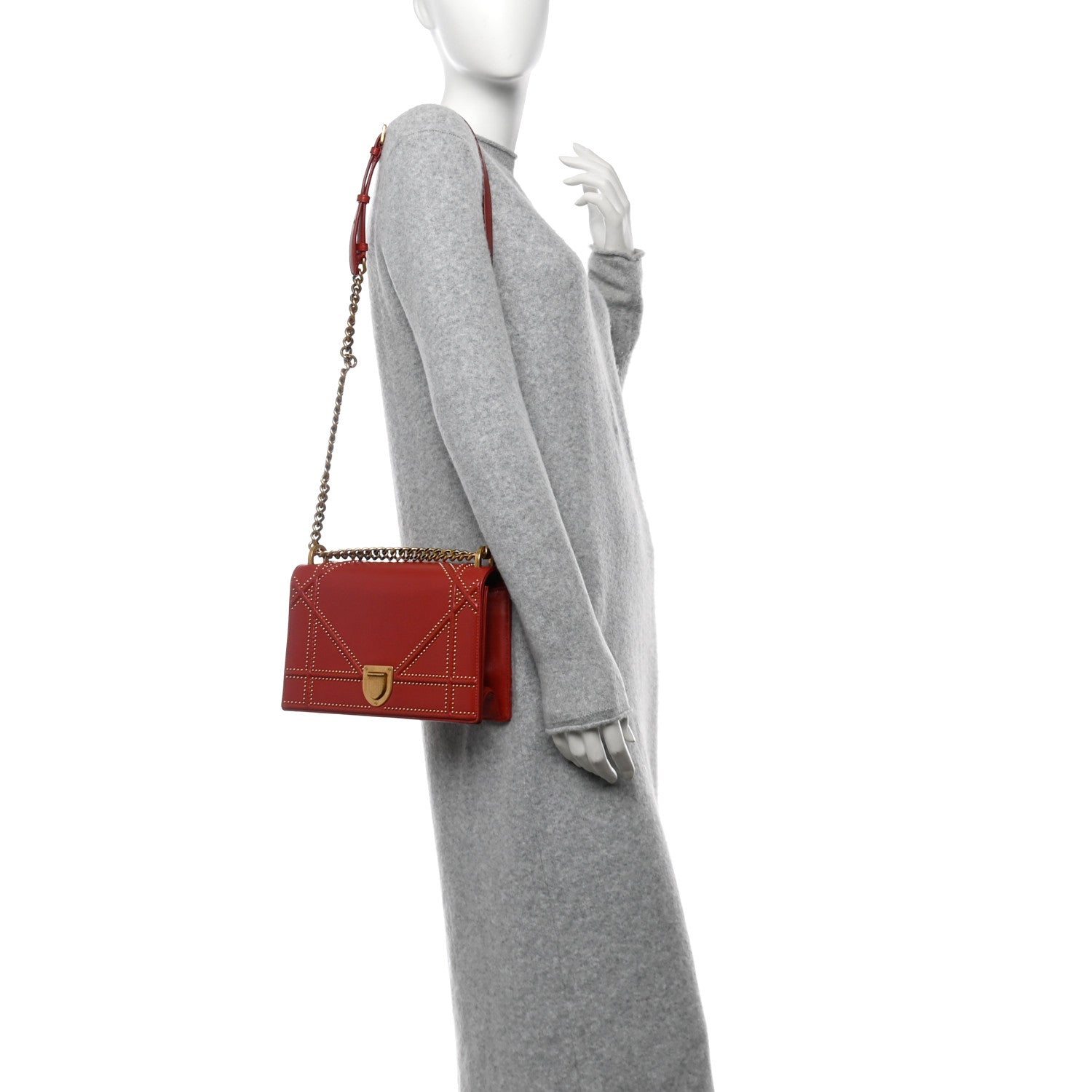 Christian Dior Calfskin Studded Medium Diorama Flap Bag Red 3 of 13