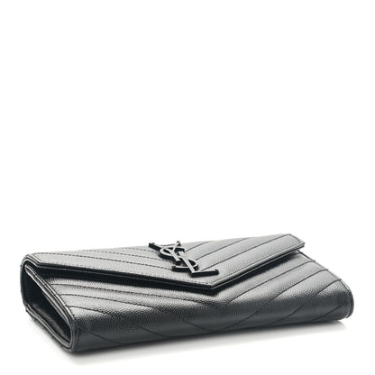 Saint Laurent Grain De Poudre Matelasse Chevron Monogram Flap Wallet Black 3 of 6
