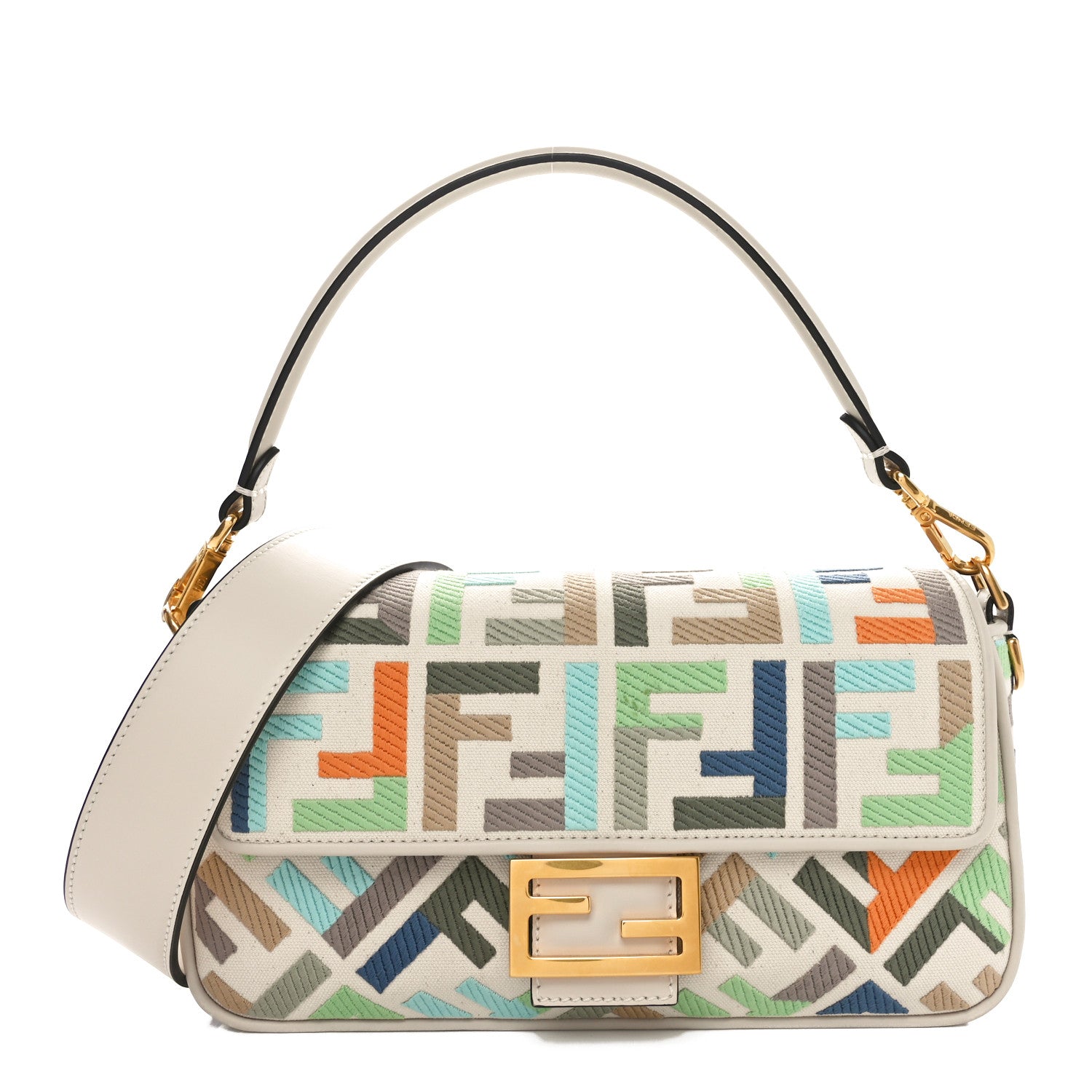 Fendi Canvas Vitello Seta FF Multicolor Embroidered Baguette Grezzo Multicolor Latte 1 of 10