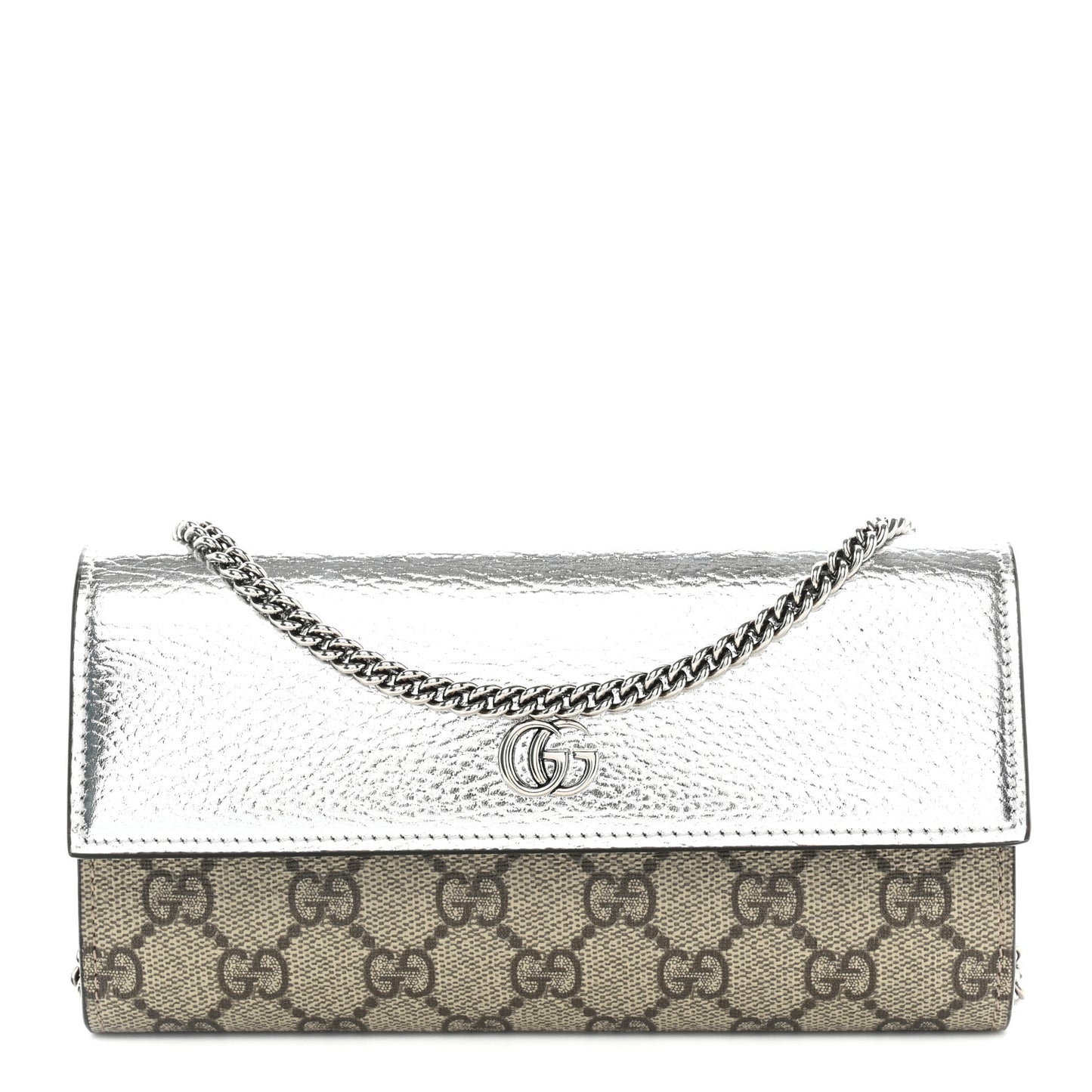 Metallic Calfskin GG Supreme Monogram Petite GG Marmont Wallet Chain Bag Silver Beige Ebony
