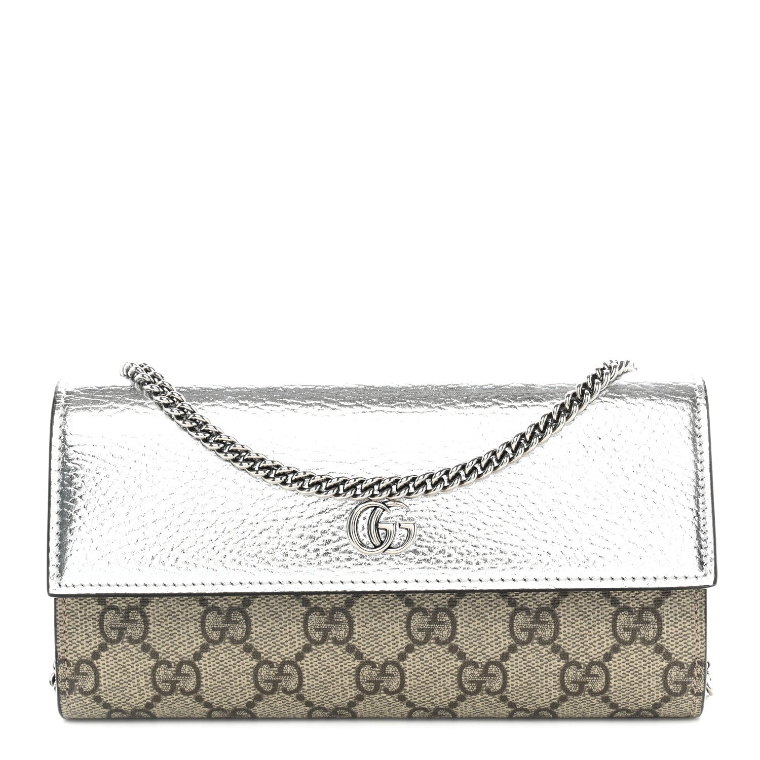 Gucci Metallic Calfskin GG Supreme Monogram Petite GG Marmont Wallet Chain Bag Silver Beige Ebony 1 of 12