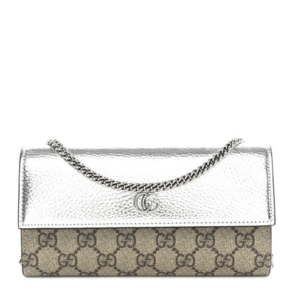 Gucci Metallic Calfskin GG Supreme Monogram Petite GG Marmont Wallet Chain Bag Silver Beige Ebony 1 of 12