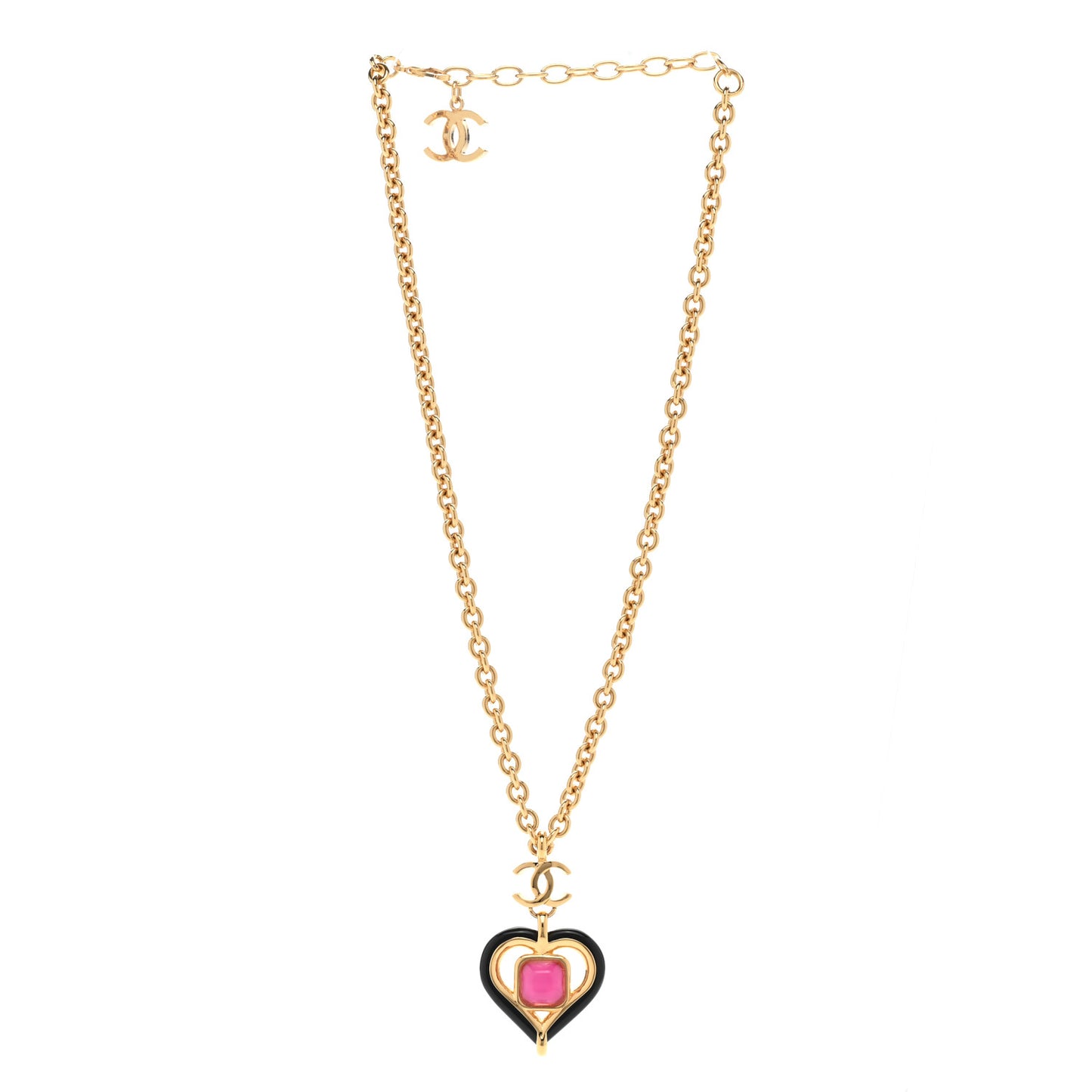 Resin Crystal Heart CC Pendant Necklace Gold Pink Black