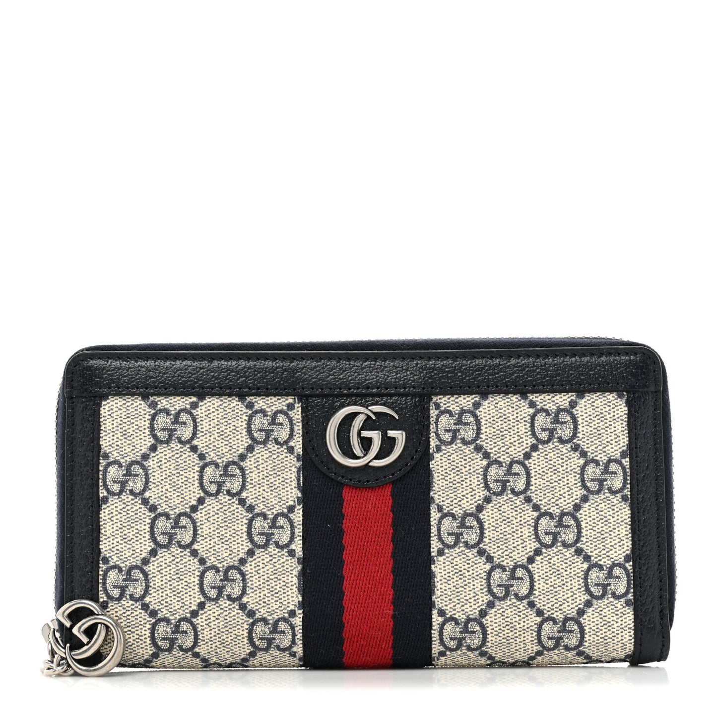 GG Supreme Monogram Textured Dollar Calfskin Web Ophidia Zip Around Wallet Beige Blue