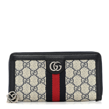 Gucci GG Supreme Monogram Textured Dollar Calfskin Web Ophidia Zip Around Wallet Beige Blue 1 of 13