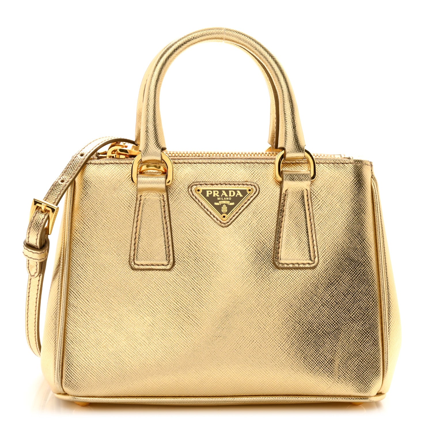 Prada Metallic Saffiano Lux Micro Galleria Double Zip Tote Gold 1 of 12
