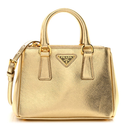 Prada Metallic Saffiano Lux Micro Galleria Double Zip Tote Gold 1 of 12
