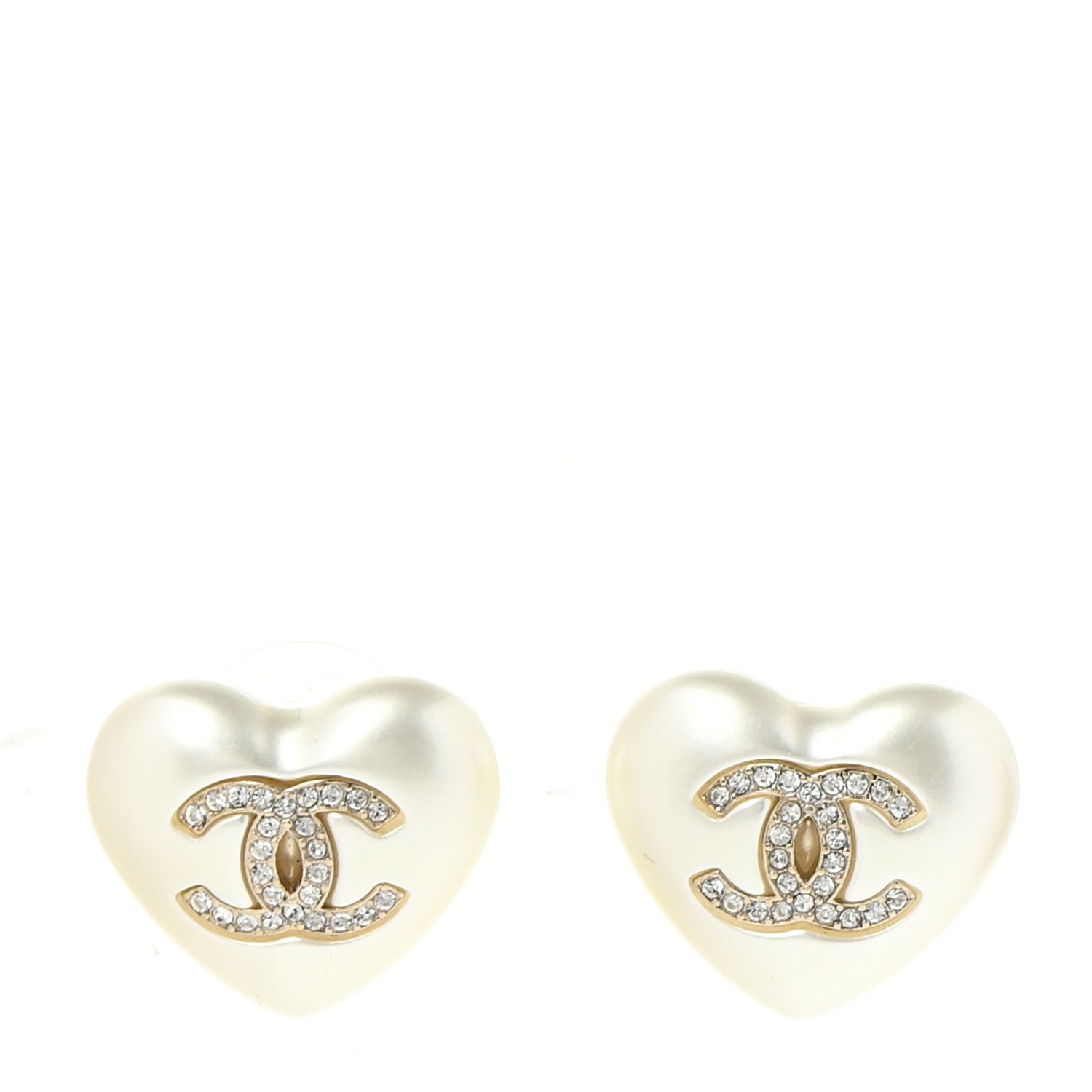 Chanel Pearl Crystal CC Heart Earrings Gold 1 of 5