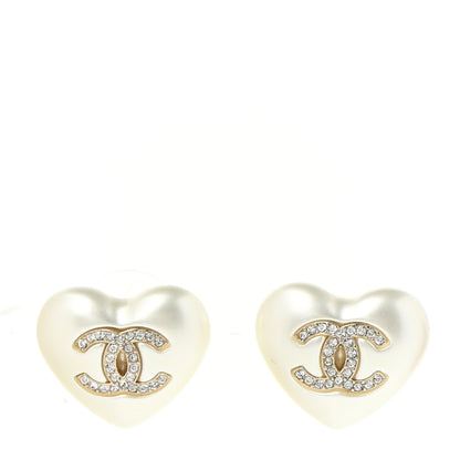 Chanel Pearl Crystal CC Heart Earrings Gold 1 of 5