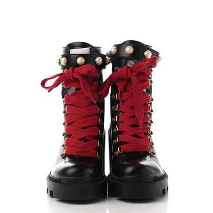 Gucci Magnum Calfskin Pearl Lace Up Combat Ankle Boots 38 Black 2 of 13