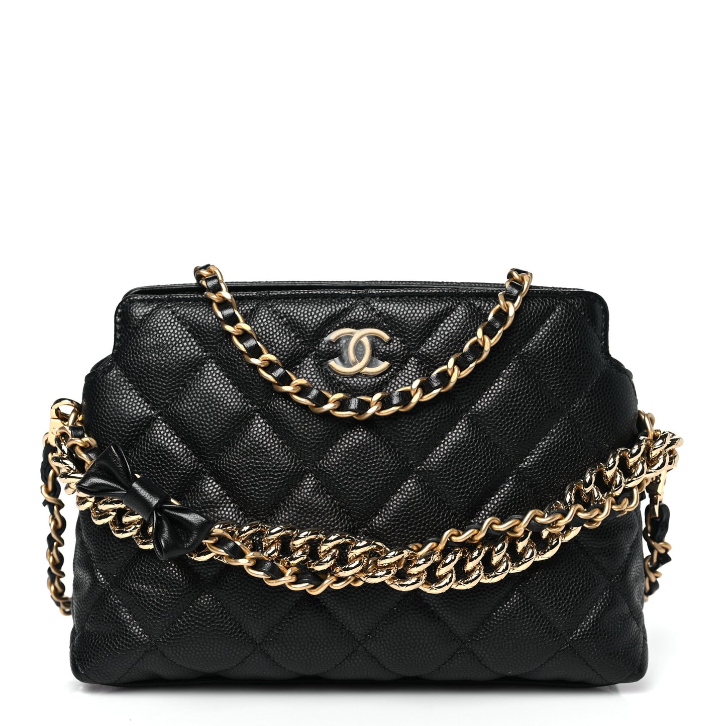 Shiny Caviar Quilted Bow Pouch Black