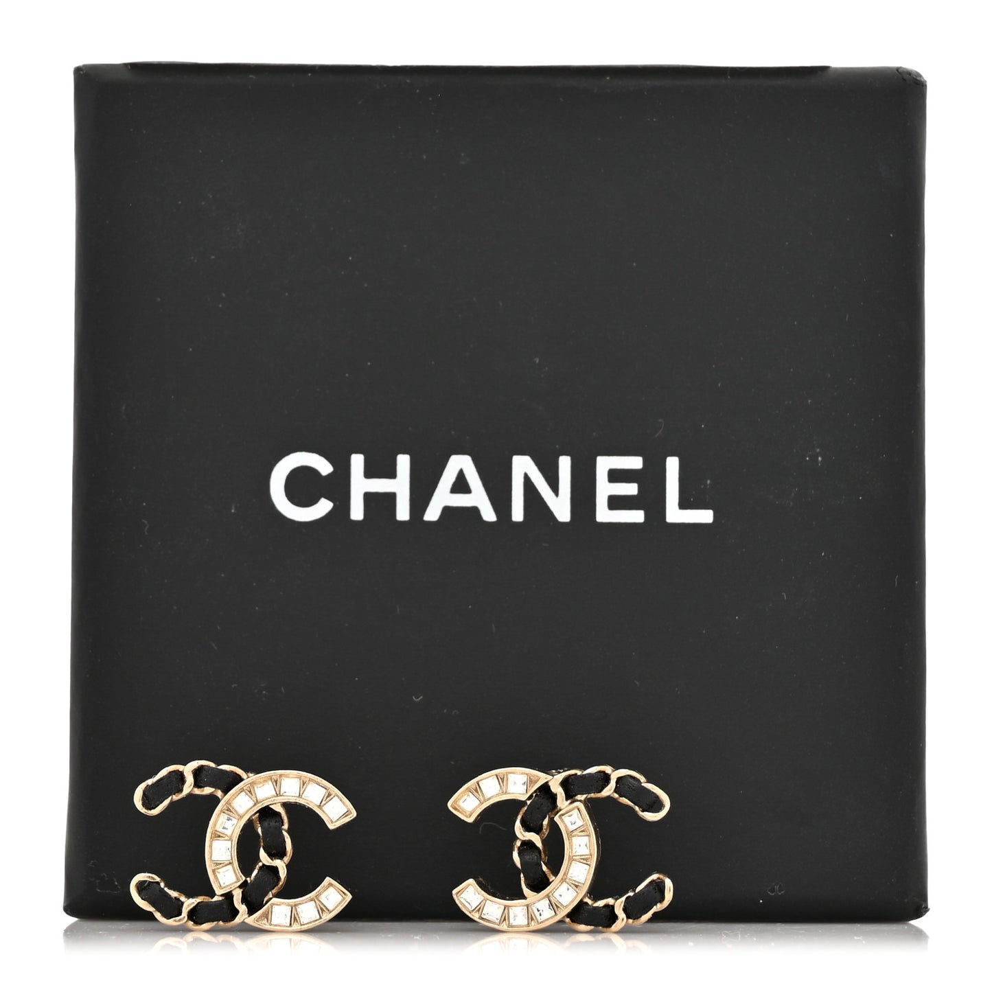 Crystal Baguette Lambskin Chain CC Vintage Allure Stud Earrings Black Gold