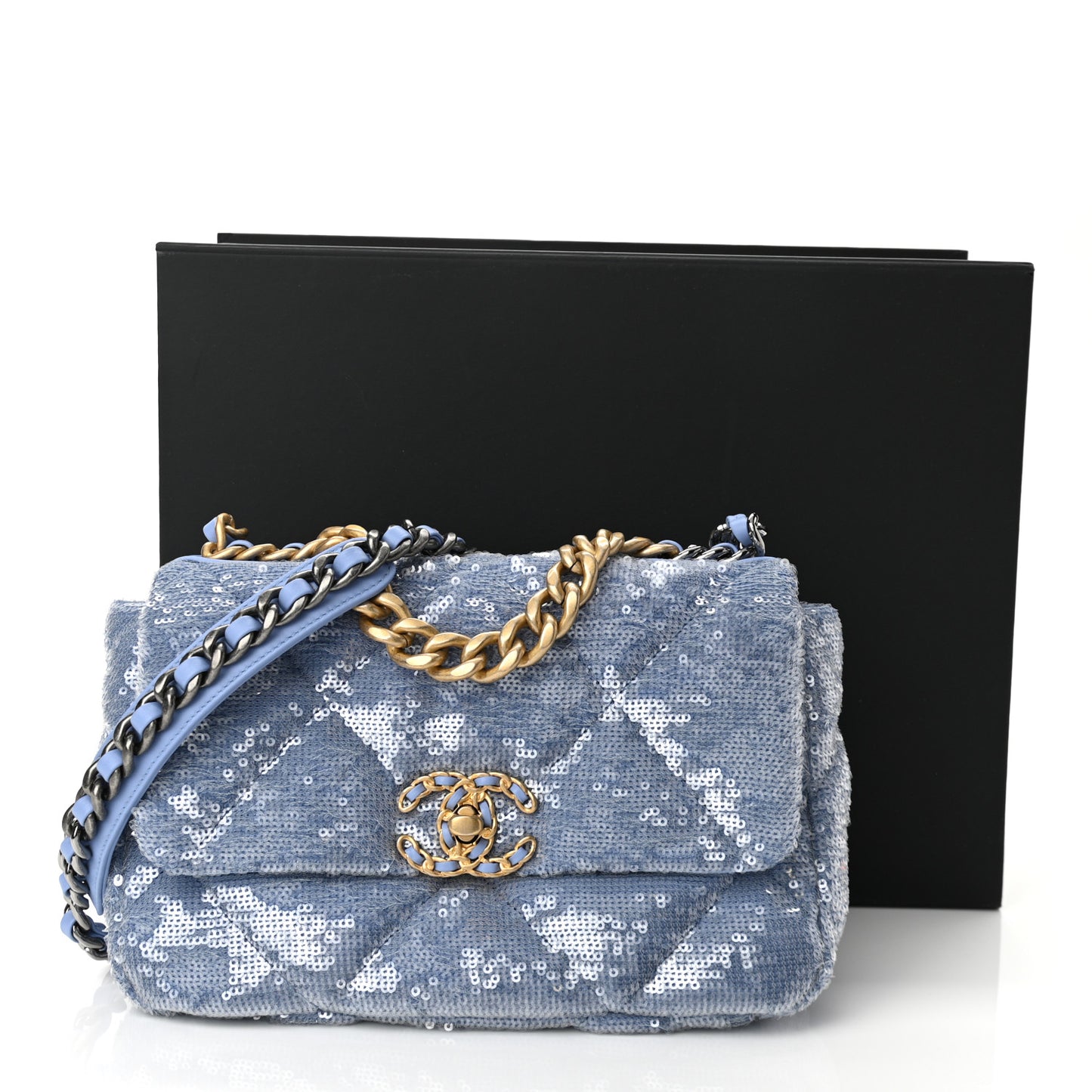 Sequin Quilted Medium Chanel 19 Flap Light Blue