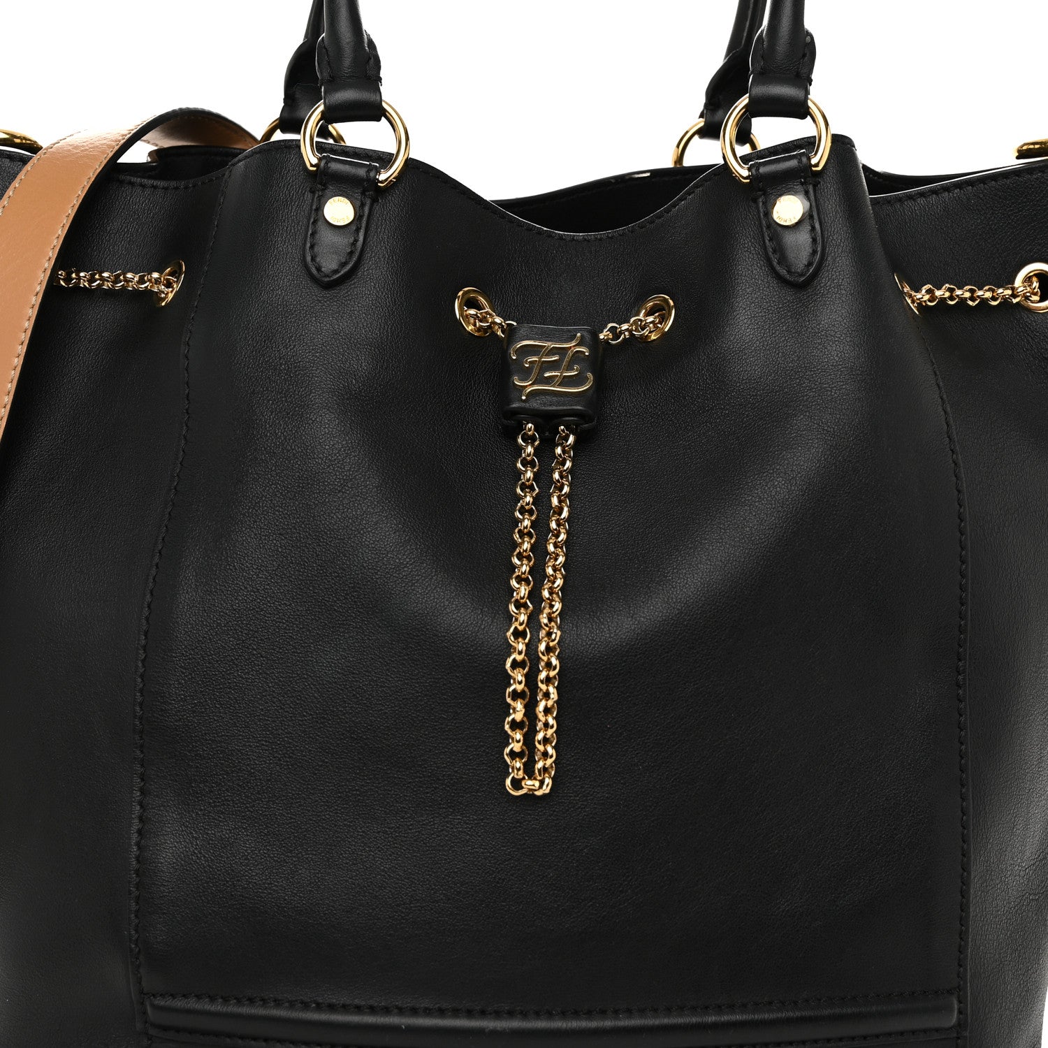 Fendi Vitello Grace King Karligraphy Chain Bucket Bag Black Bisquit 8 of 11