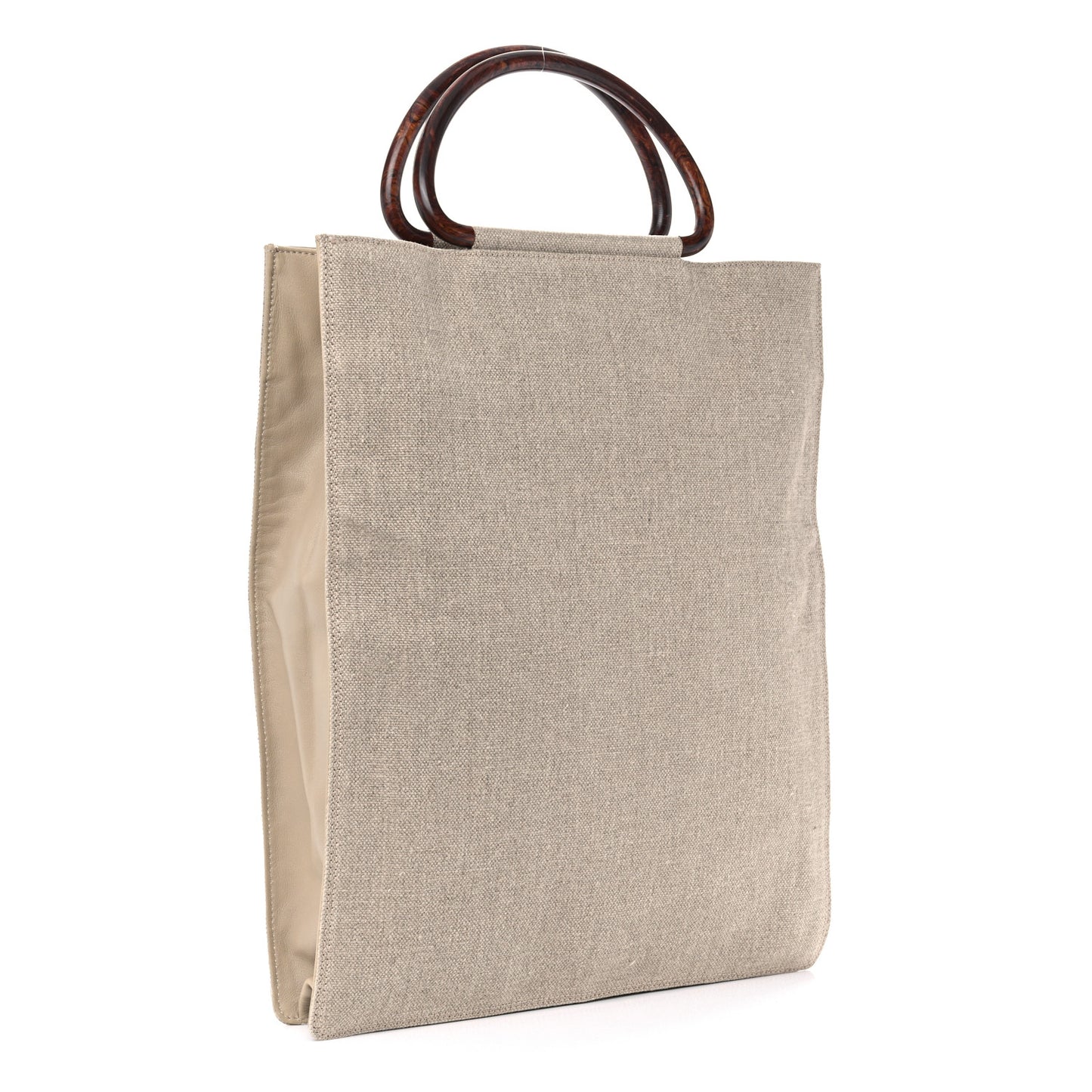 Canvas Calfskin Wooden Handle Bag Beige