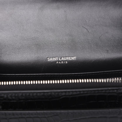 Saint Laurent Calfskin Crocodile Embossed Monogram Sunset Chain Wallet Black 5 of 8