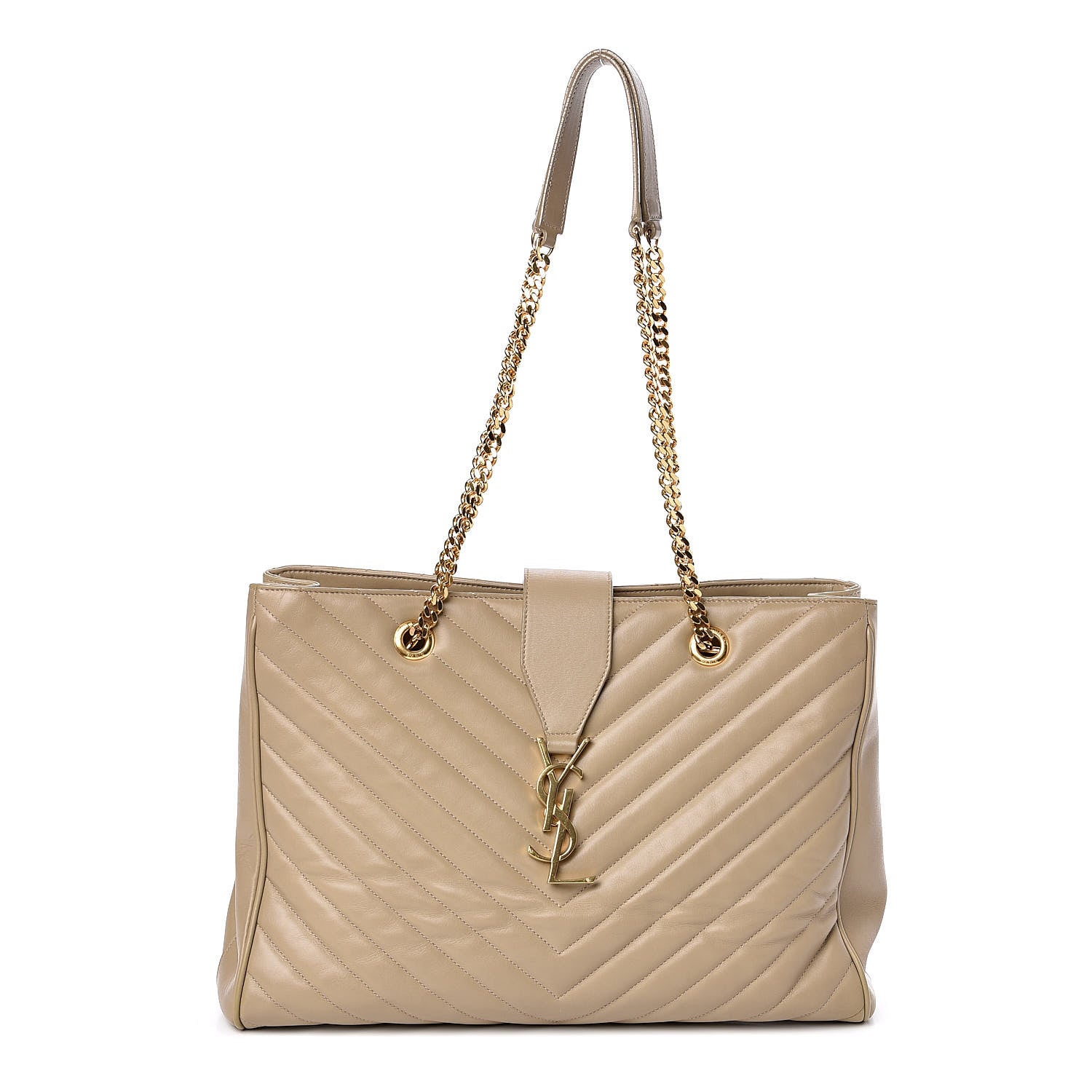 Saint Laurent Lambskin Matelasse Chevron Monogram Shopping Bag Dark Beige 1 of 13