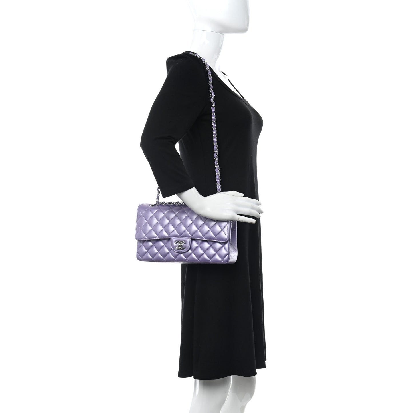 Iridescent Calfskin Quilted Medium Double Flap Purple