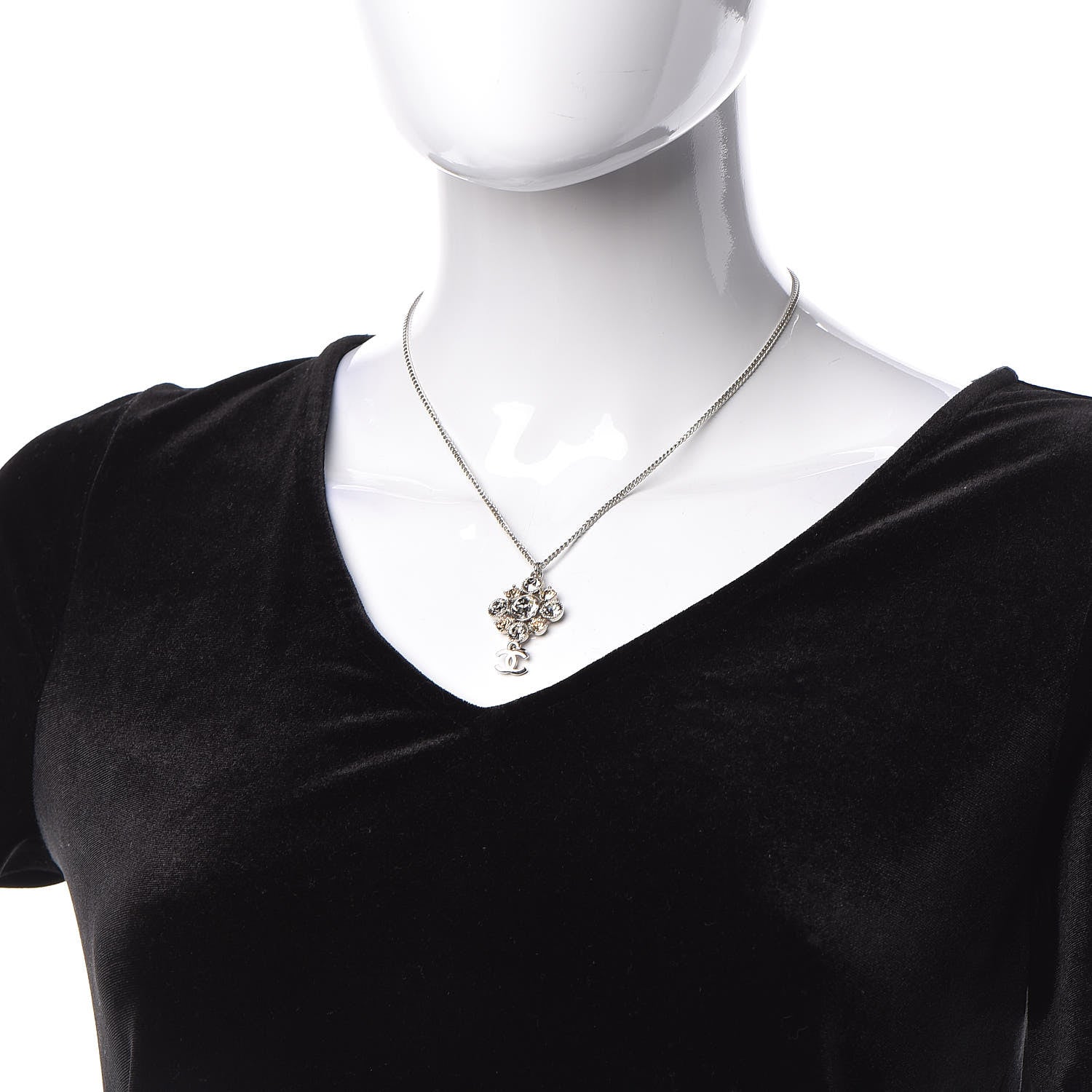 Chanel Crystal CC Drop Pendant Necklace Silver 2 of 5