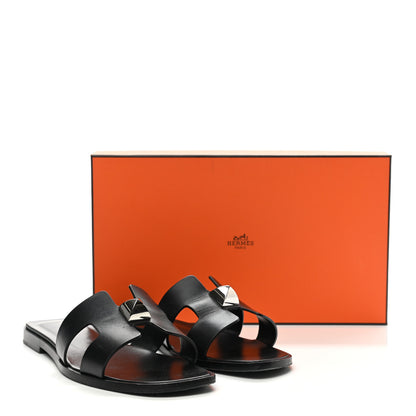 Hermes Box Calfskin Clous Pyramide Oran Sandals 37 Black 14 of 14