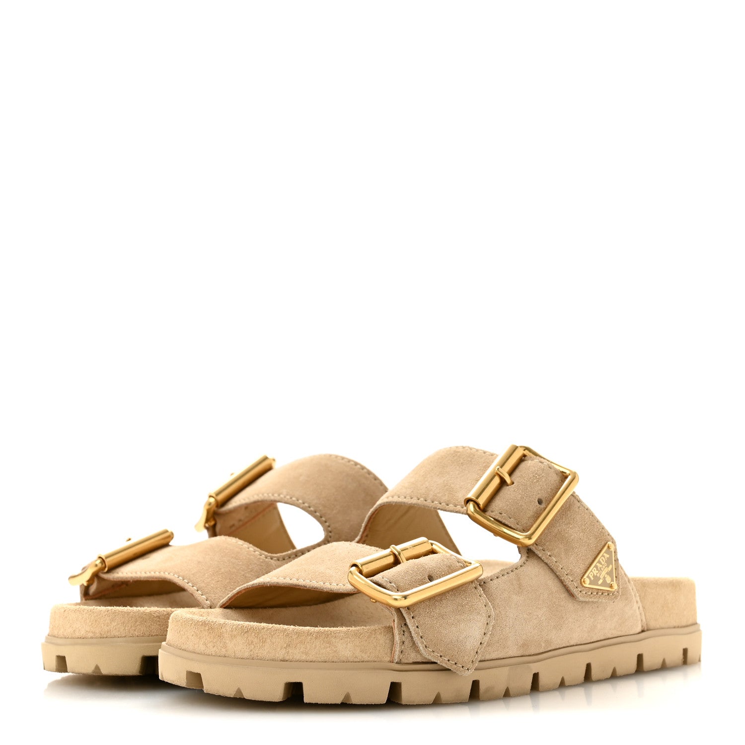 Prada Suede Metal Triangle Logo Womens Double Buckle 20mm Slide Sandals 36.5 Ecru 4 of 10