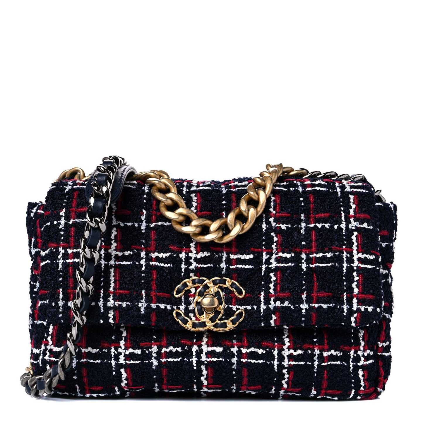 Tweed Quilted Medium Chanel 19 Flap Navy Blue White Red