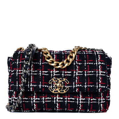 Chanel Tweed Quilted Medium Chanel 19 Flap Navy Blue White Red 1 of 10