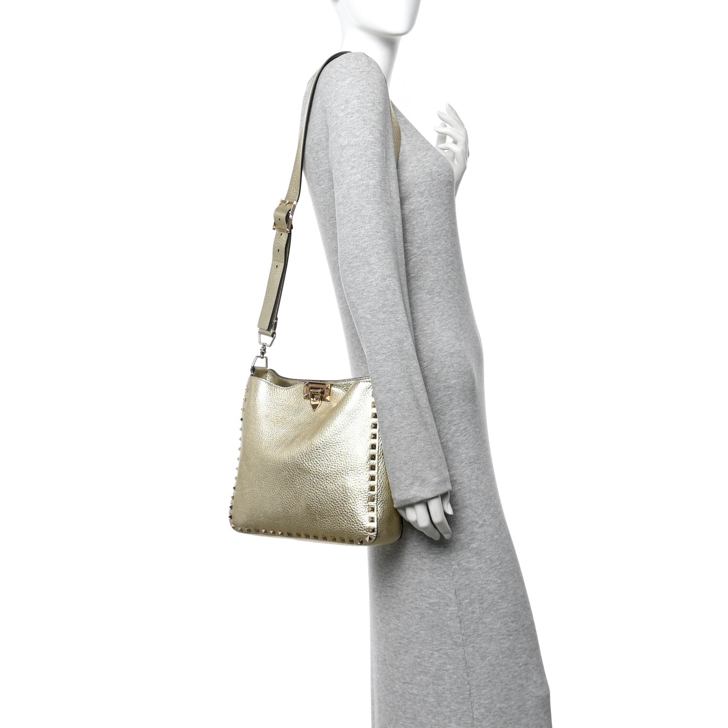 Metallic Pebbled Calfskin Small Rockstud Flip-Lock Messenger Bag Platino