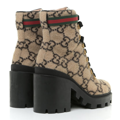 Gucci Covered Wool GG Monogram Womens Lace Up Combat Ankle Boots 37 Beige Ebony Black 5 of 14