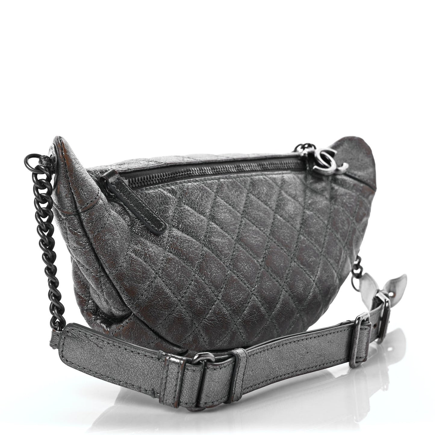 Metallic Goatskin Quilted Banane Waist Bag Fanny Pack Silver