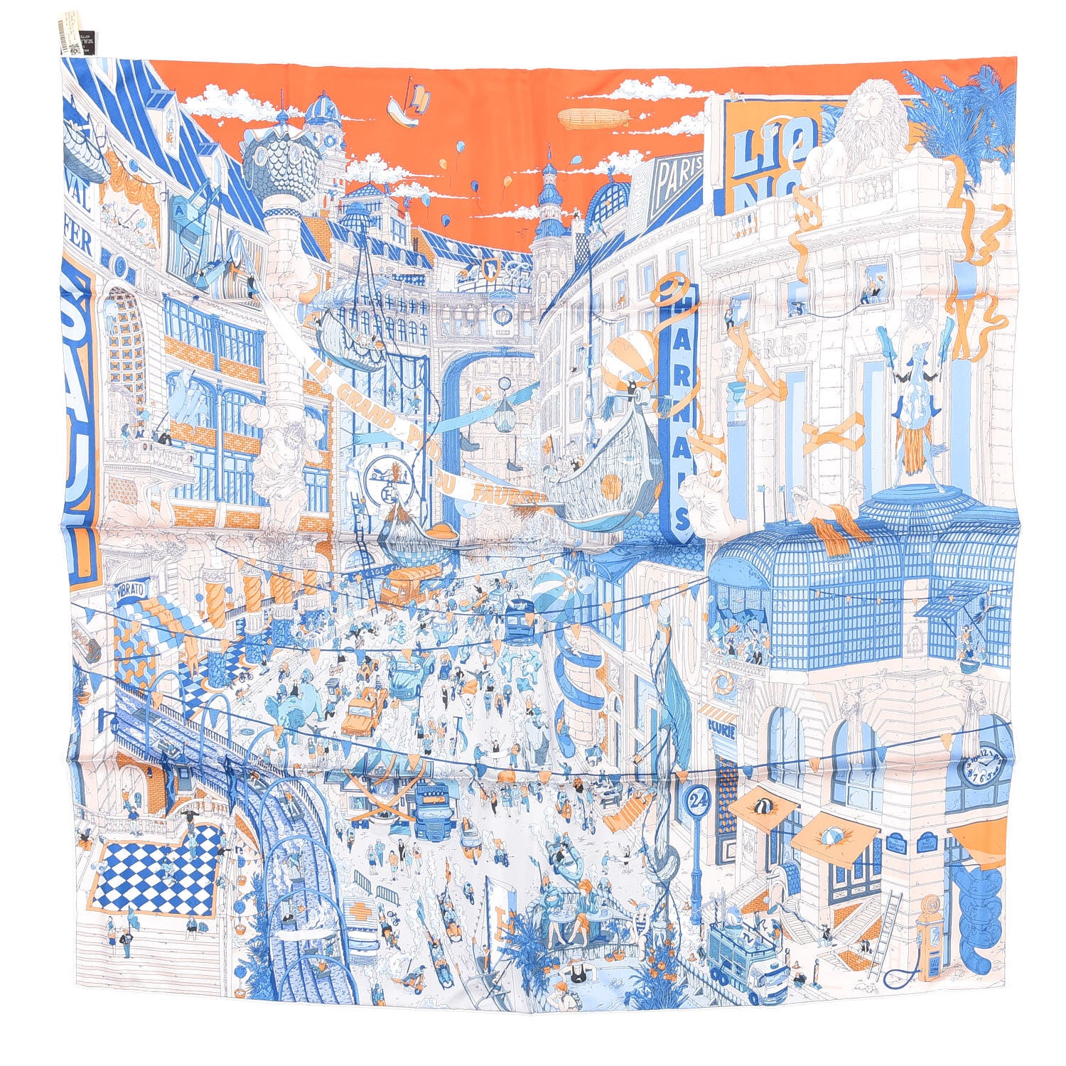 Hermes Silk Le Grand Prix du Faubourg Scarf 90 Orange Bleu White 1 of 4