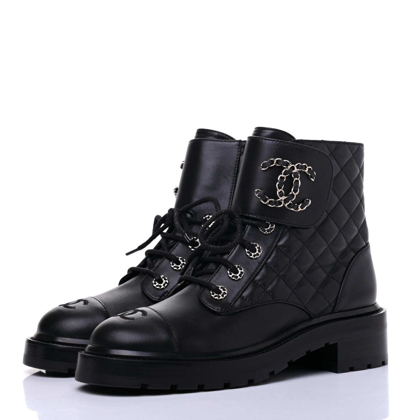 Shiny Lambskin Quilted Lace Up Combat Boots 39 Black