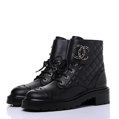 Chanel Shiny Lambskin Quilted Lace Up Combat Boots 39 Black 3 of 10