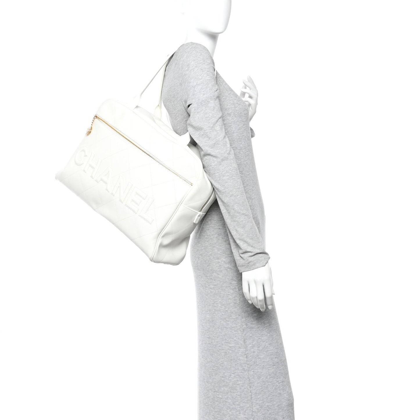 Calfskin Stitched Maxi Logo Bowling Bag White